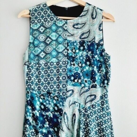 ELIE TAHARI 100% Silk Midi Dress Asymmetrical Paisley Floral Blue Sz S - Picture 4 of 8